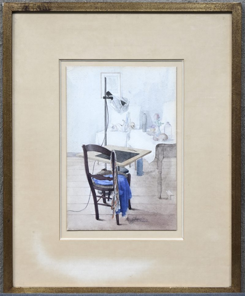 “Het atelier van de kunstenaar”, een aquarel, onleesbaar gesigneerd en gedateerd ‘73.