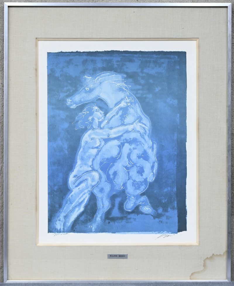 “Naakt met paard”, een lithografie in kleur, gesigneerd buiten de plaat.