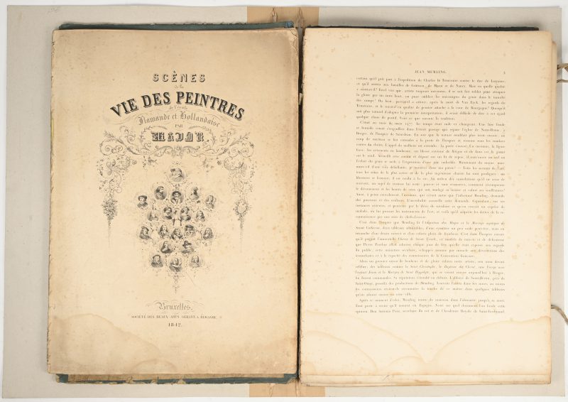 “Scènes de la vie des peintres, Flamande et Hollandaise par Madou”, 1842. Een boek met vele etsen naar gekende werken. Vochtschade.