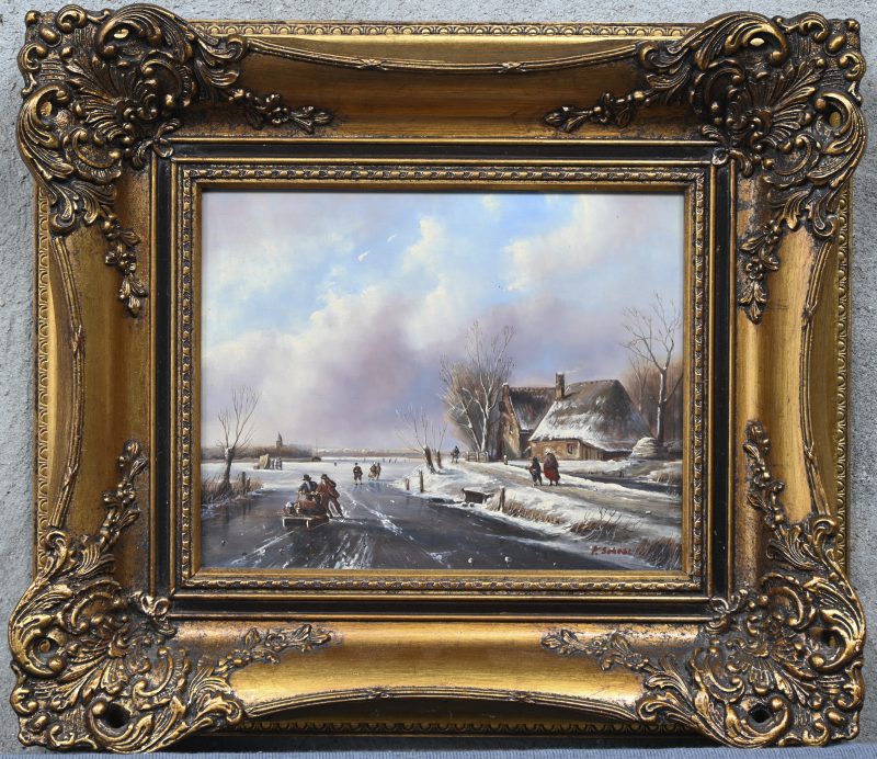 “Winterlandschap met hoeve en schaatsers”. Een schilderij, olieverf op paneel. Onderaan gesigneerd.