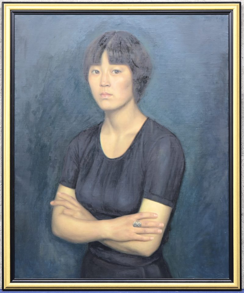 “Portret”, een schilderij, olieverf op doek, achteraan gesigneerd in het Chinees en gedateerd 1996.