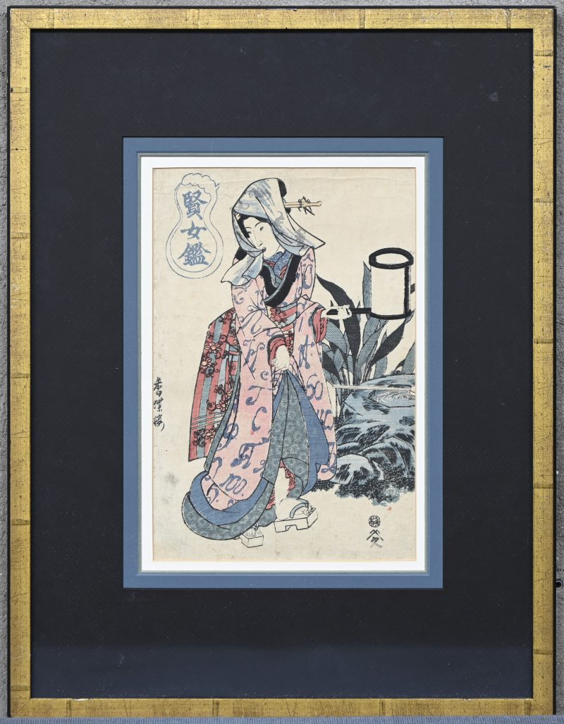 “Geisha met lantaarn”. Een houtdruk op papier, onderaan gesigneerd. 19e eeuws.