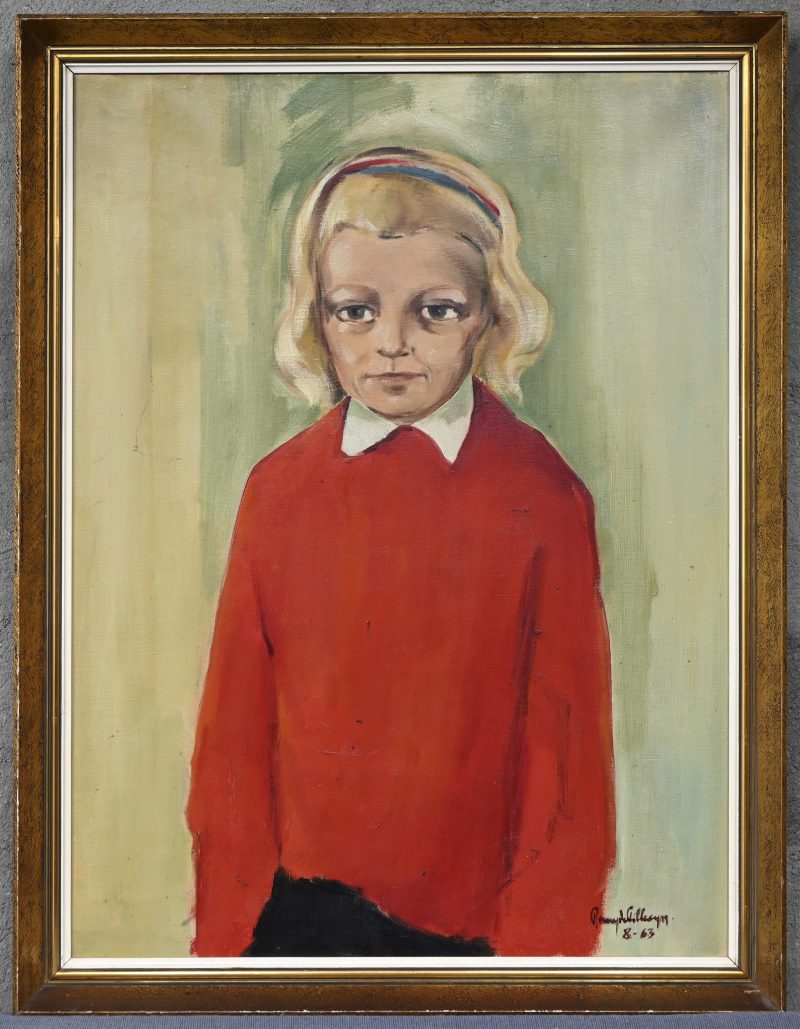 “Meisje met de grote ogen”. Een schilderij, olieverf op doek. Onderaan gesigneerd en gedateerd 8-’63.