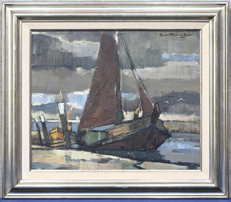 “Platbodem op de Schelde”, een schilderij, olieverf op doek, gesigneerd Gust Dierikx.