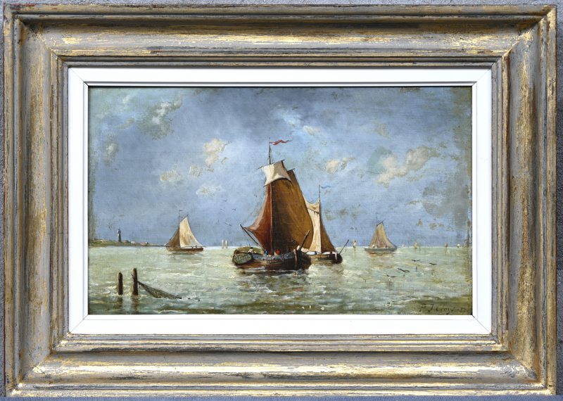 “Maritiem zicht”. Een schilderij, olieverf op paneel. Onderaan gesigneerd en gedateerd ‘87.