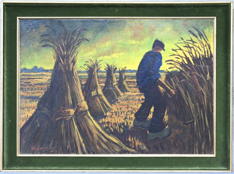 “Landschap met boer en korenschoven”. Een schilderij, olieverf op doek.