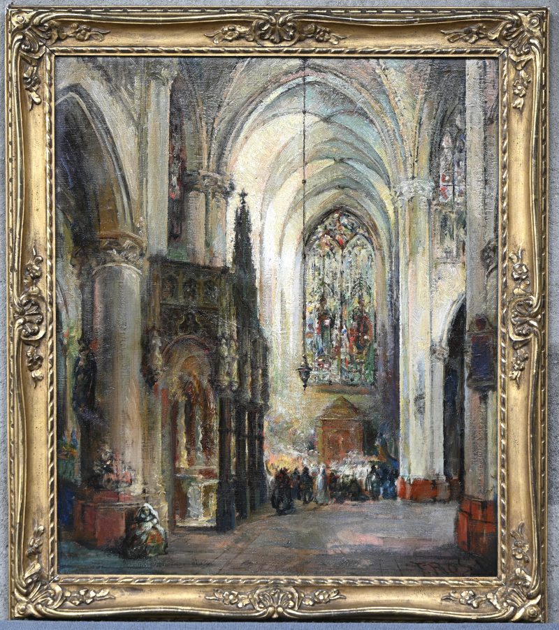 “De Lierse Begijnhofkerk”. Olieverf op paneel. Voor- en achteraan gesigneerd Frans Ros.