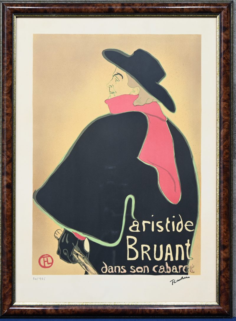 “Aristide Bruant dans son cabaret”. Een litho op papier, onderaan gesigneerd en buiten de plaat genummerd 90/275.