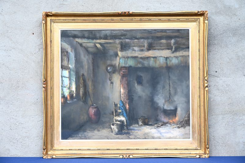 “Interieur met open haard”, een schilderij, olieverf op paneel, gesigneerd J. Van Den Seylbergh.