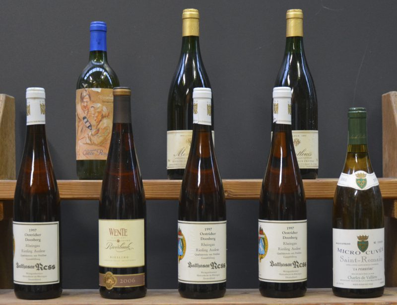 Lot witte wijn        aantal: 8 bt    Oestricher Doosberg Riesling Auslese QmP Rheingau  Balthasar Ress, Hattenheim G.A.  1997  aantal: 3 bt    Riverbank Riesling Monterey  Wente M.O.  2006  aantal: 1 bt    Saint-Romain La Perrière Micro Cuvée A.C.  Charles de Vall!ère, Beaune M.O.  2005  aantal: 1 bt    Dom. du Vieux Château Moelleux A.C. Montlouis  Moyer, St-Martin-Le-Beau M.O.  1995  aantal: 2 bt    La Nouvelle Cuvée Royale Sauvignon Blanc Vino Chileno  El Sur Wijncartoons   2002  aantal: 1 bt