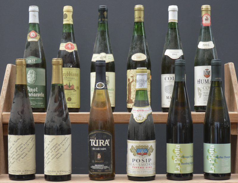 Lot witte wijn         aantal: 12 bt    Pinot di Franciacorta  D.O.C.  Coop Vitivinicola Cellatica-Gussago M.O.  1977  aantal: 1 bt    Trebbiano di Romagna  D.O.C.  Cantine Tenuta Amalia, Villa Verucchio M.O.  1977  aantal: 1 bt    Locorotondo  D.O.C.  Distante, Cisternino s/Valle d’Itria, Puglia M.O.  1977  aantal: 1 bt    Pinot Grigio della Marca Trevigiana Vino da Tavola  Guarise M.O.  1981  aantal: 1 bt    Malvasia D.O.C. Collio  F.lli Durandi, Provesano M.O.  1982  aantal: 1 bt    Tocai Friulano D.O.C. Collio  F.lli Durandi, Provumar, S. Floriano del Collio M.O.  1985  aantal: 1 bt    Arneis dei Roeri Vino bianco rarissimo  Renato Rabezzana M.O.  1971  aantal: 2 bt    Tura’ dei Colli Veneti Vino frizzante  Dogato M.O.  1971  aantal: 1 bt    Riesling Italico Frizzante D.O.C. Oltrepo Pavese  La Piotta M.O.  2002  aantal: 1 bt    Muller-Thurgau I.G.T. Pavia  La Piotta M.O.    aantal: 1 bt    Pošip A.C.  Čara-Smokvica M.O.  1975  aantal: 1 bt