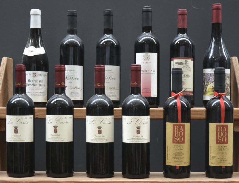 Lot rode wijn        aantal: 12 bt    Raboso IGT Veneto  Professor Cescon, Campo di Pietra M.O.  2003  aantal: 2 bt    Barbera d’Asti D.O.C.  Tre Cascine, Cassine M.O.  2003  aantal: 1 bt    Barbera d’Alba Vigna Veja D.O.C.  Renato Buganza, Probesi d’zAlba M.O.  2003  aantal: 1 bt    Pernice D.O.C. Monferrato  Piero Barbero, Calosso M.O.  2003  aantal: 1 bt    I Cheini D.O.C. Barbera del Monferrato  Traversa, Cascine Bertolotto e Gergi M.O.  2003  aantal: 4 bt    Nebbieu La Canova D.O.C. Monferrato  Piero Barbero, Calosso M.O.  2004  aantal: 2 bt    Bourgogne Passetoutgrain A.C.  Georges Lignier & Fils, Morey M.O.  2004  aantal: 1 bt