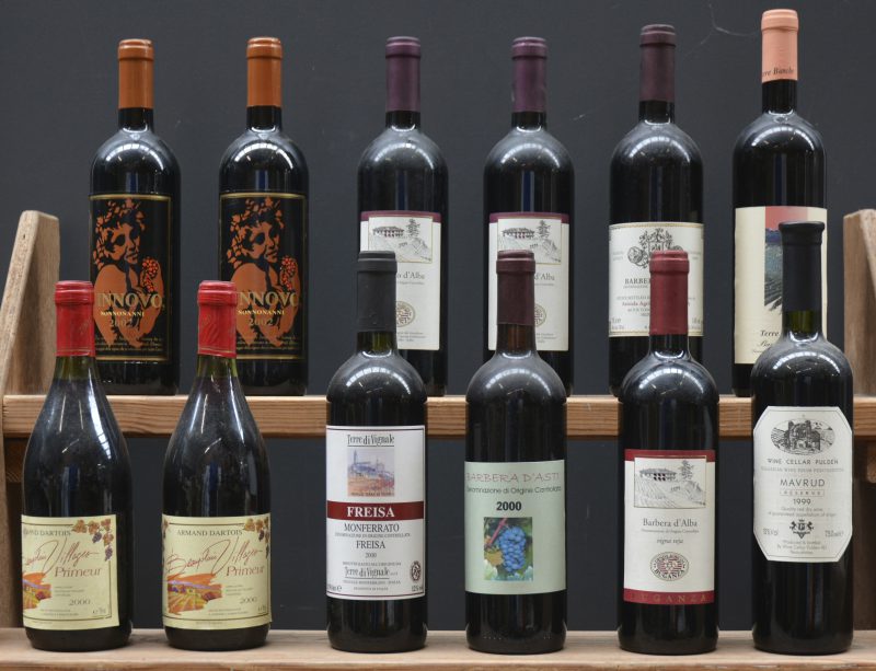 Lot rode wijn        aantal: 12 bt    Vinnovo IGT Rosso di Toscana  Nonno Nanni, Montespertoli M.O.  2002  aantal: 2 bt    Dolcetto d’Alba D.O.C.  Renato Buganza, Probesi d’zAlba M.O.  2001  aantal: 2 bt    Barbera d’Alba D.O.C.  Longoria,Neive M.O.  2000  aantal: 1 bt    Barbera d’Asti D.O.C.  Terre Bianche, Neive M.O.  2000  aantal: 1 bt    Beaujolais-Villages Primeur A.C.  Armand Dartois, Fleurie M.O.  2000  aantal: 2 bt    Freisa D.O.C. Monferrato  Terre di Vignale, Monferrato M.O.  2000  aantal: 1 bt    Barbera d’Asti D.O.C.  Er’runc, Isola d’Asti M.O.  2000  aantal: 1 bt    Barbera d’Alba Vigna Veja D.O.C.  Renato Buganza, Probesi d’zAlba M.O.  1999  aantal: 1 bt    Mavrud Reserve Bulgarian Wine from Peroushtitsa  Pulden, Peroushtitsa M.O.  1999  aantal: 1 bt