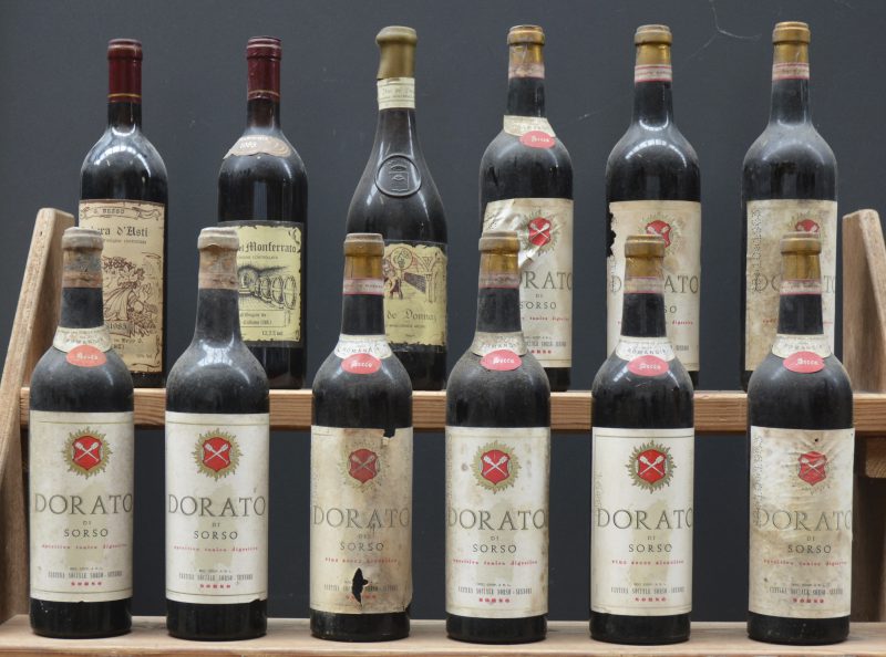 Lot wijn        aantal: 12 bt    Dorato di Sorso Romangia       aantal: 9 bt    Barbera d’Asti D.O.C.  G. Bezzo, Calliano M.O.  1985  aantal: 1 bt    Grignolino del Monferrato D.O.C.  G. Bezzo, Calliano M.O.  1985  aantal: 1 bt    Vin de Donnaz   Wuillermoz M.O.    aantal: 1 bt