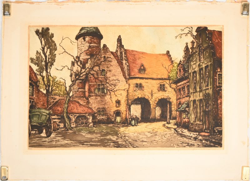 “Dorpsplein”, een kleurenlitho, gesigneerd buiten de plaat en genummerd 242/350