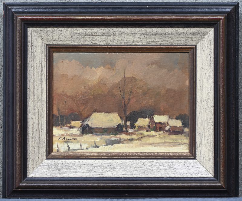 “Winters dorpszicht”, een schilderij, olieverf op doek, gesigneerd F. Bruin.