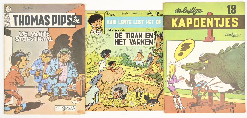 Een lot van 3 strips bestaande uit Kari Lenti lost het op, De tiran en het varken van Bob Mau, Thomas Pips in de witte stopstraal en De lustige kapoentjes nr 18.