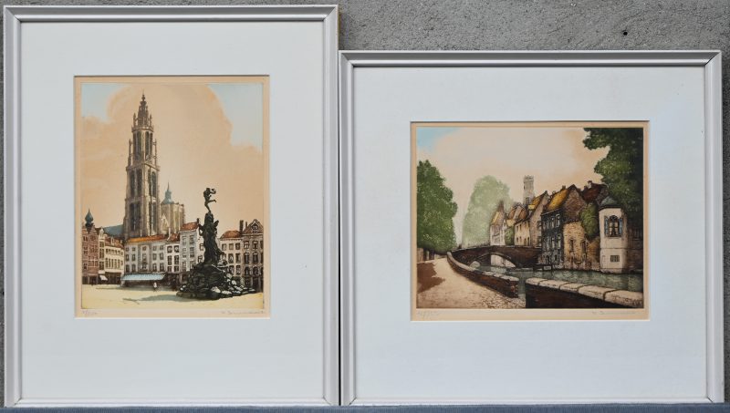 “Antwerpen en Brugge”. Een lot van 2 kleurenlitho’s op papier. Onderaan buiten de plaat gesigneerd en genummer 27/350 & 167/350.