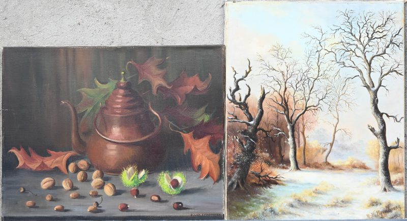 “Boslandschap in winter” & “Stilleven met ketel en noten”. Een lot van  schilderijen, olieverf op doek. Onderaan gesigneerd