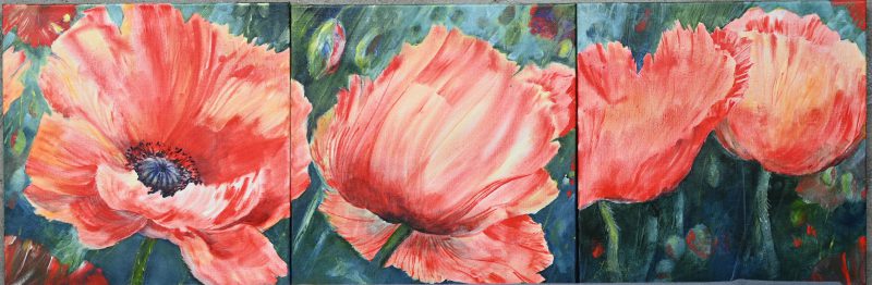 “Papaver Weelde”. Een lot van 3 schilderijen, acryl op doek. Met certificaat gesigneerd en getiteld.