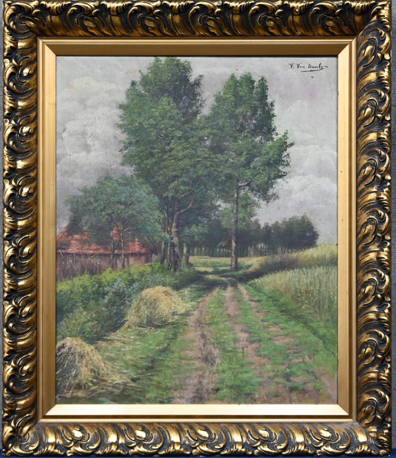 “Landweg aan de tuinmuur”. Een schilderij, olieverf op doek. Onderaan gesigneerd.