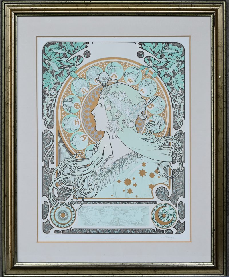 “Zodiac”, een lithografie van Alphonse Mucha door de ateliers Carta in U.S.A.. Uitgave van 1997, met certificaat.