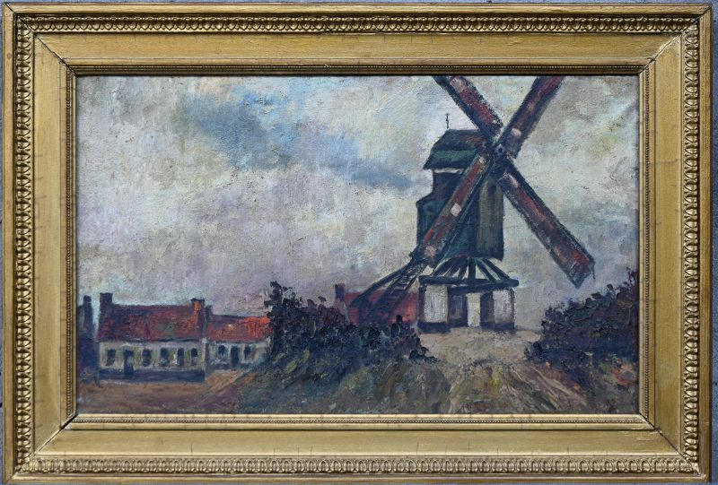 “Molenzicht”, een schilderij, olieverf op doek in vergulde kader, 19e eeuws, niet gesigneerd.