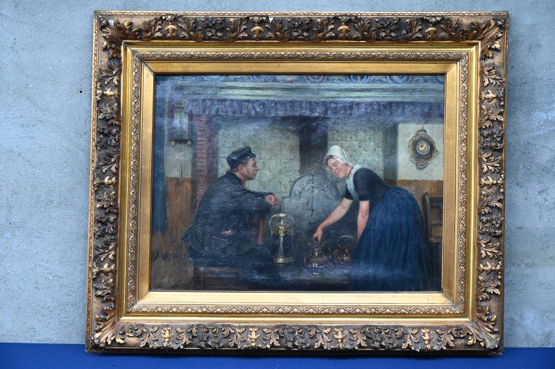 “Interieur met verliefd koppel”, een schilderij, olieverf op doek , gerestaureerd, gesigneerd H. Houben.