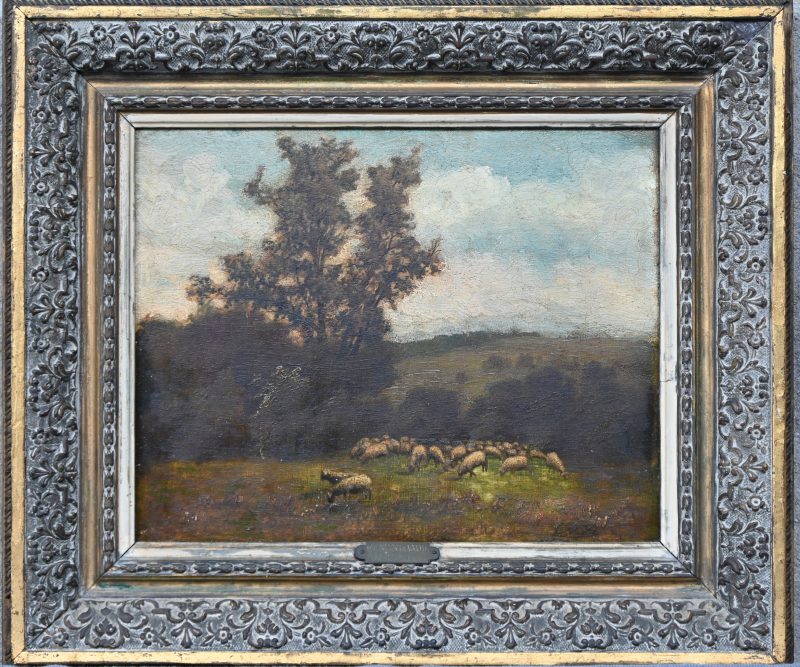 “Schaapjes op de heide”, een schilderij, olieverf op paneel in vergulde kader, draagt een plaatje ‘Ch Vandamme 1844 - 1898 en de initialen CVD.