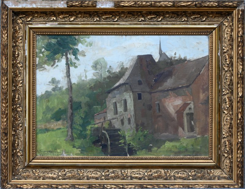 “Gestilleerde watermolen”. Een schilderij, olieverf op doek, onderaan gesigneerd.