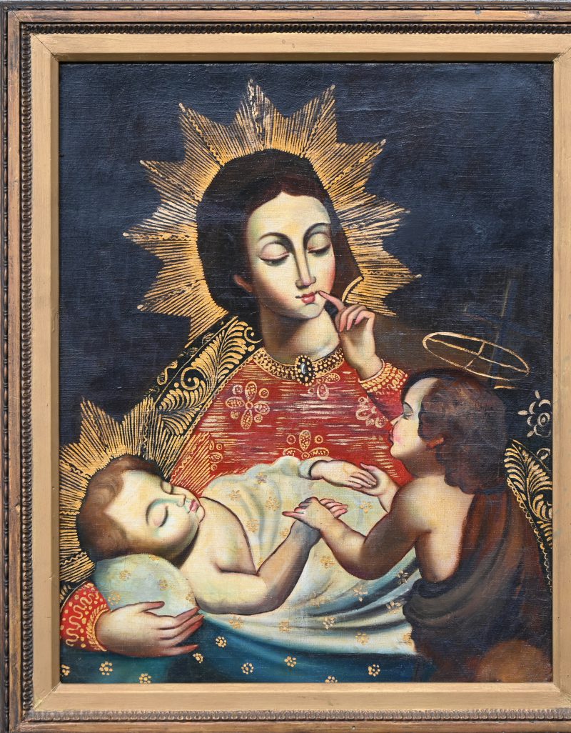 “De Madonna van de stilte. Met Johannes de doper.” Olieverf op doek. Centraal Amerikaans werk. Vroeg 20ste eeuw.