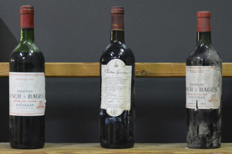 Lot rode bordeaux        aantal: 3 bt    Ch. Lynch-Bages A.C. Pauillac 5e grand cru classé  M.C.  1959  aantal: 1 bt vts   Ch. Lynch-Bages A.C. Pauillac 5e grand cru classé  M.C.  1976  aantal: 1 bt ls   Ch. Giscours A.C. Margaux 3e grand cru classé  M.C.  1980  aantal: 1 bt bn, enkel rugetiket