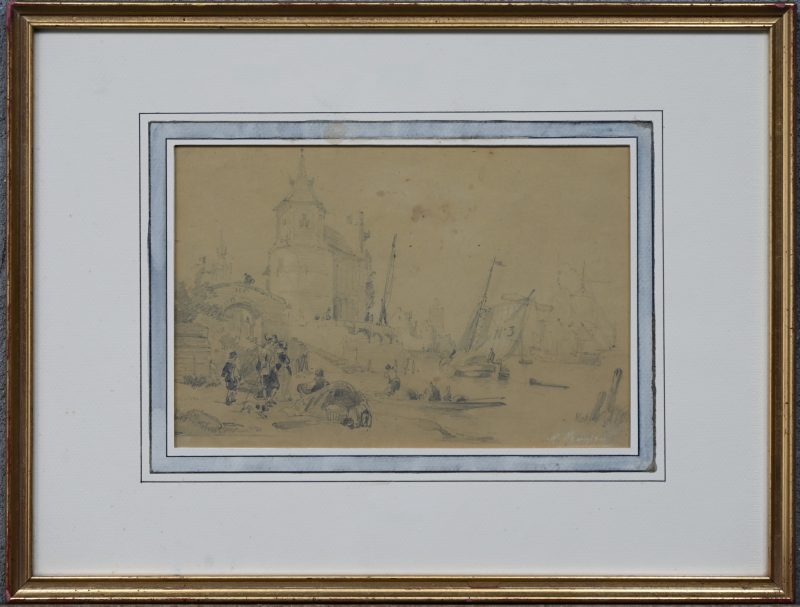 “Tolhuis aan de Schelde”. Een tekening op papier, onderaan gesigneerd, voorstudie van het werk door Jan Ruyten, eind 19e eeuw.