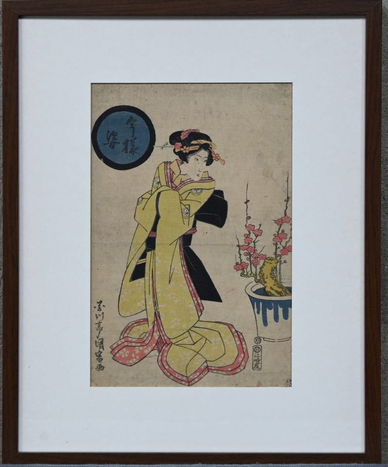 “Courtisane”. Een Japanse houtsnede op papier. Door Utagawa Kunitomi, leerling van Toyokumi II, met zegels, 1830. Verso opschrift.