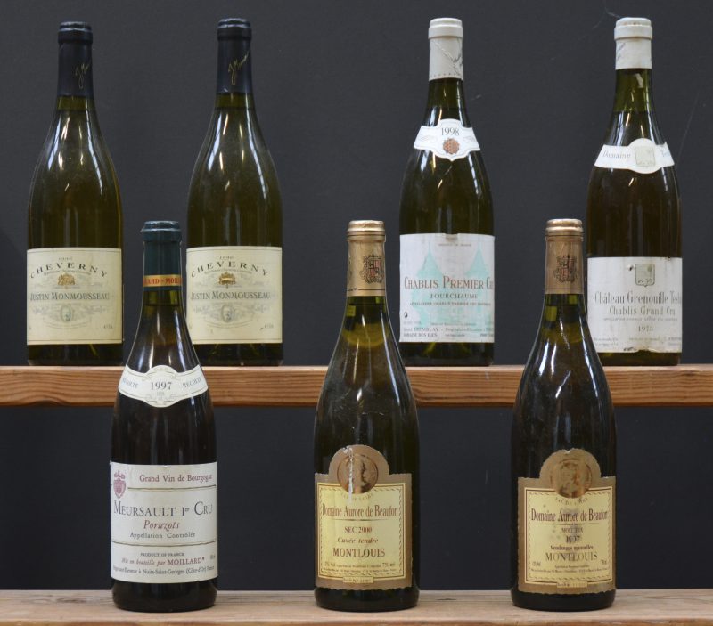 Lot witte wijn        aantal: 7 bt    Cheverny A.C.  Justin Monmousseau M.O.  1996  aantal: 2 bt    Ch. Grenouille Testut A.C. Chablis Grand Cru  Dom. Testut, Chablis M.P.  1973  aantal: 1 bt    Chablis Premier Cru Fourchaume A.C.  Gerard Tremblay, Poinchy M.D.  1998  aantal: 1 bt    Dom. Aurore de Beaufort Sec A.C. Montlouis  Moyer, St-Martin-Le-Beau M.O.  2000  aantal: 1 bt    Dom. Aurore de Beaufort Moelleux A.C. Montlouis  Moyer, St-Martin-Le-Beau M.O.  1997  aantal: 1 bt    Meursault 1er Cru Poruzots A.C.  Moillard, Nuits M.O.  1997  aantal: 1 bt