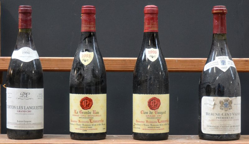 Lot rode bourgogne        aantal: 4 bt    Corton Grand Cru Les Languettes A.C.  Louis Lequin, Santenay M.D.  1994  aantal: 1 bt    La Grande Rue A.C. Grand cru Monopole Dom. François Lamarche, Vosne M.P.  1995  aantal: 1 bt    Clos de Vougeot A.C. Grand cru Dom. François Lamarche, Vosne M.P.  1996  aantal: 1 bt    Beaune-Cent-Vignes A.C. Premier cru Dom. du Ch. de Meursault M.C.  1997  aantal: 1 bt