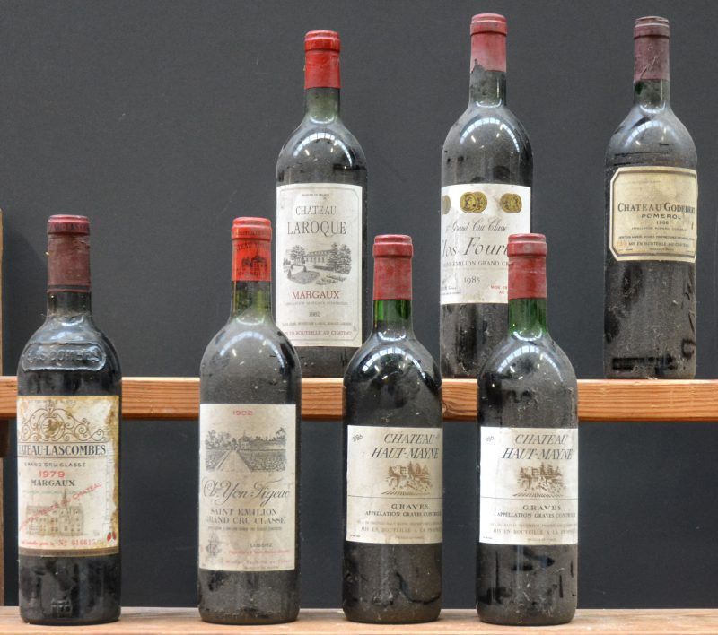 Lot rode bordeaux        aantal: 7 bt    Ch. Lascombes A.C. Margaux 2e grand cru classé  M.C.  1979  aantal: 1 bt    Ch. Yon-Figeac A.C. St-Emilion grand cru classé   M.C.  1982  aantal: 1 bt    Ch. Laroque A.C. Margaux   M.C.  1982  aantal: 1 bt    Clos Fourtet A.C. St-Emilion 1e grand cru classé   M.C.  1985  aantal: 1 bt    Ch. Godebert A.C. Pomerol   M.C.  1986  aantal: 1 bt    Ch. Haut-Mayne A.C. Graves   M.C.  1986  aantal: 2 bt