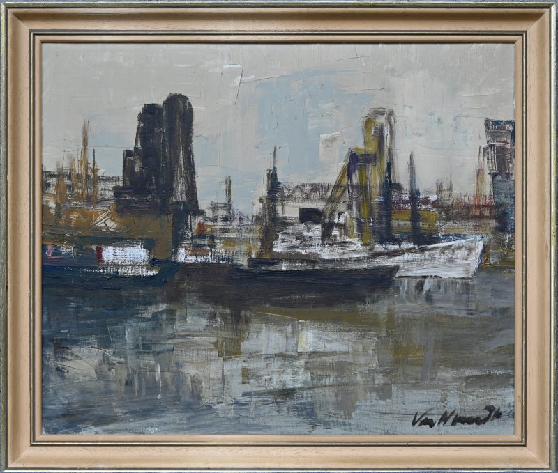 “Gestilleerd Havenzicht”. Een schilderij, olieverf op doek, onderaan gesigneerd.