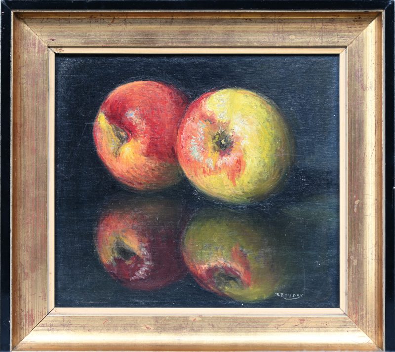 “Twee appels”, een schilderij, olieverf op paneel, gesigneerd R. Boudry.