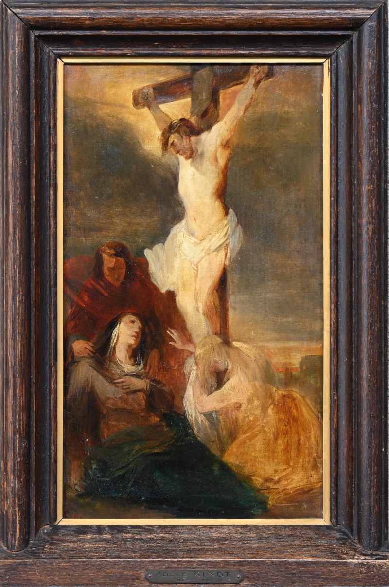 “Jezus aan het kruis”, een schilderij, olieverf op doek, 19e eeuws, gemonogrammeerd links onder DK en gedateerd 1839.