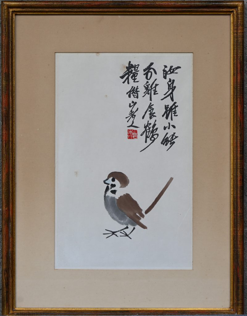 “De vogel”, een Japanse houtsnede met tekst.