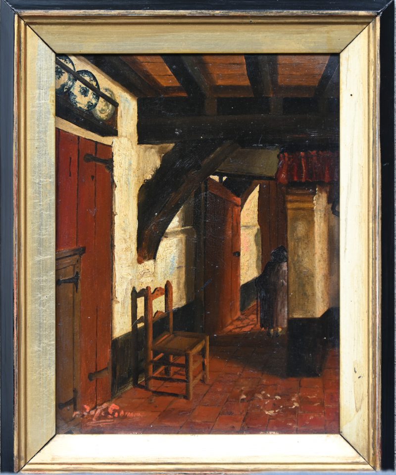 “Interieur”, een schilderij, olieverf op paneel, links onder gesigneerd.