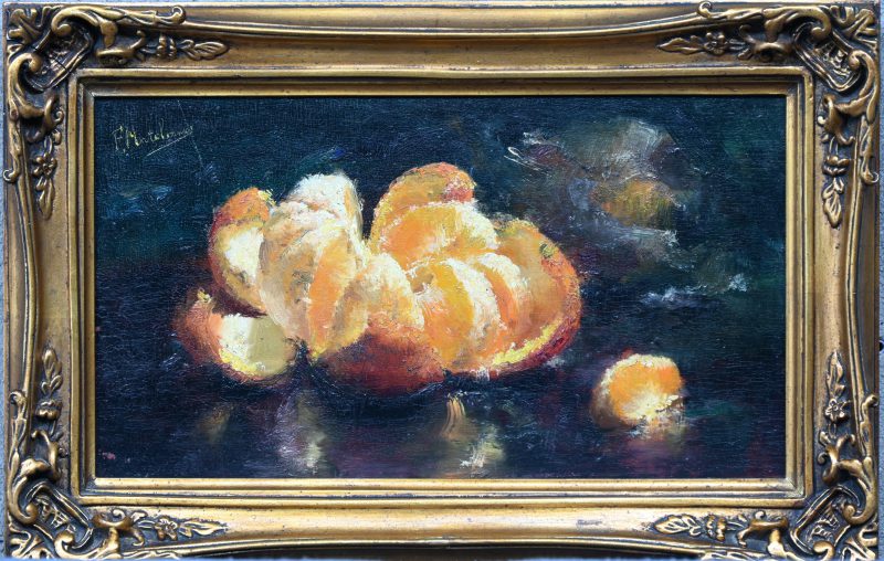 “De appelsien”, een schilderij, olieverf op paneel in vergulde kader, gesigneerd.