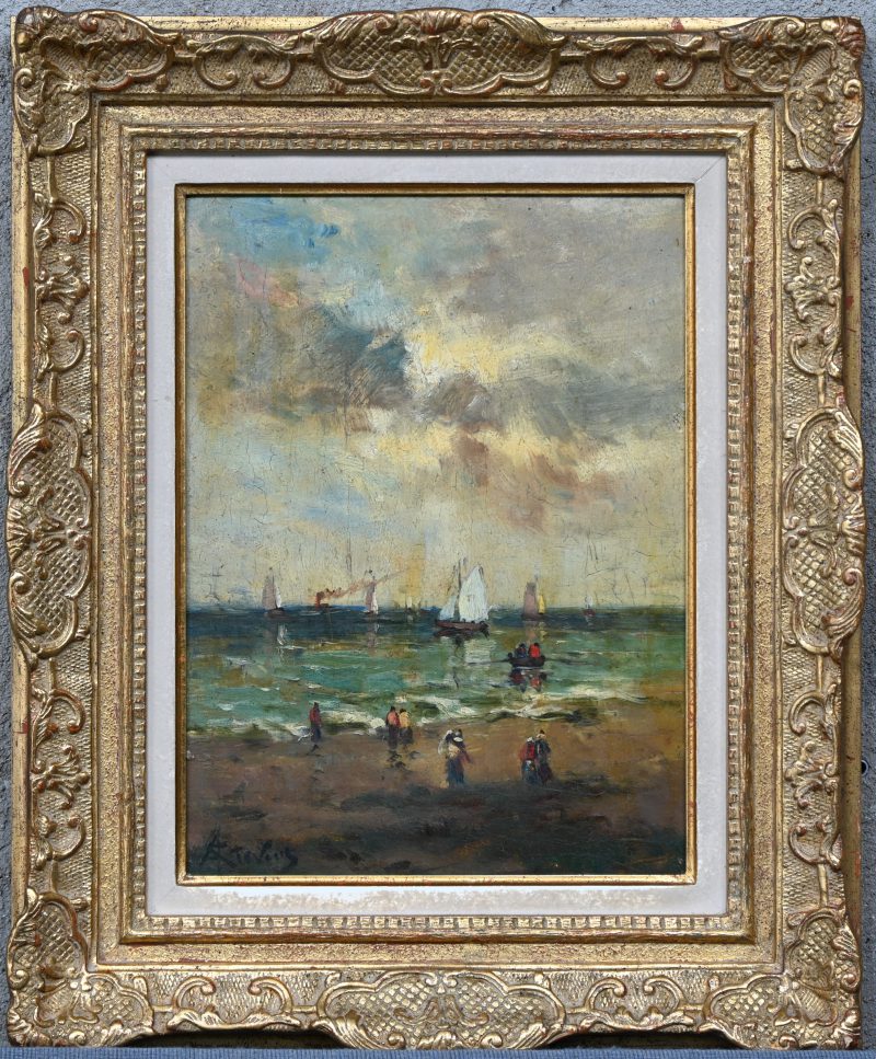 “Zicht op strand en zee”, een schilderij, olieverf op paneel, gesigneerd A. Stevens.