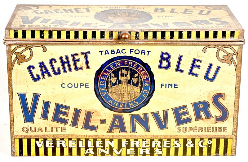 Een antiek tabaksblik, Vieil-Anvers, Cachet bleu voor Verellen fréres & Co. Circa 1920.