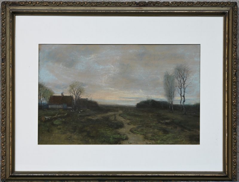 “Heidezicht met hoeve”, een pasteltekening op papier, gesigneerd W. V. Dort.