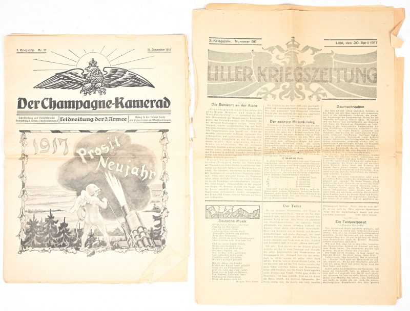 Een lot van 2 oude oorlogskranten; “Liller kriegszeitung, 20 apr 1917” & “Der Champagne-Kamerad, 31 dec 1916”.