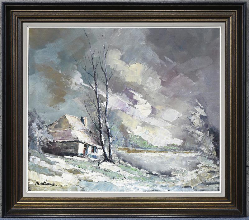 “Winters landschap”. Een schilderij, olieverf op doek. Onderaan gesigneerd.