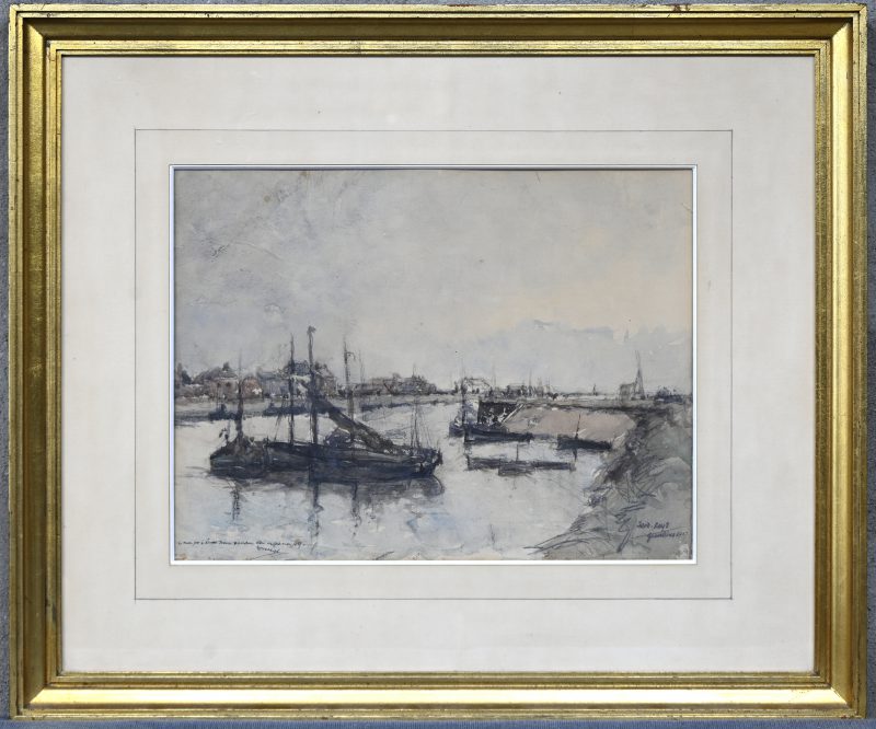 “Havenzicht te Gravelines”, een schilderij, gemengde techniek op papier. Gesigneerd Reys en gedateerd 1937.