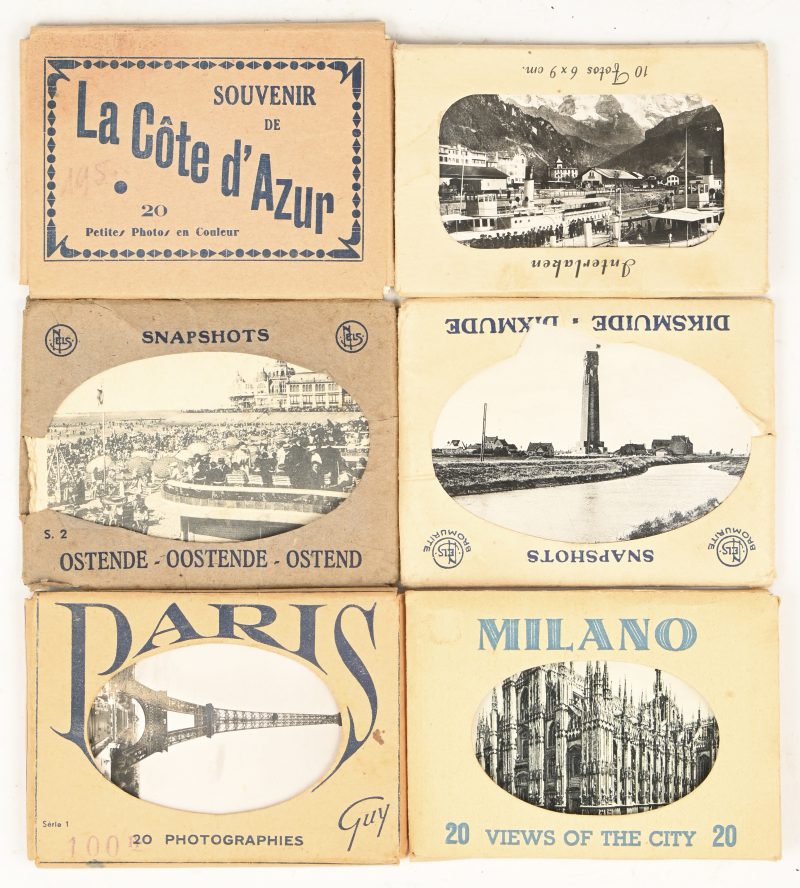 Een lot van 6 pakjes oude snapshots van verschillende bestemmingen, Oostende, La Cote d’Azur, Diksmuide, Milano, Interlaken en Parijs.